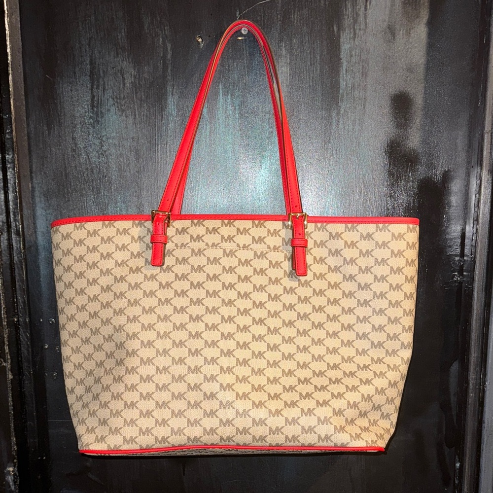 Michael Kors Signature Red and Tan Tote Clean Large Carry All - Picture 5 of 9